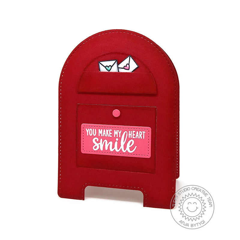 Sunny Studio Stamps Red Mailbox Shaped Lift The Flap Interactive Valentine's Day Card using Stitched Arch Metal Cutting Dies