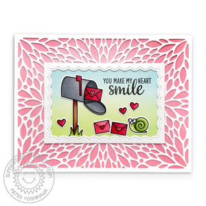 Sunny Studio Stamps You Make My Heart Smile Snail with Mailbox Valentine's Card with Petal Background (using Blooming Frame Metal Cutting Die)