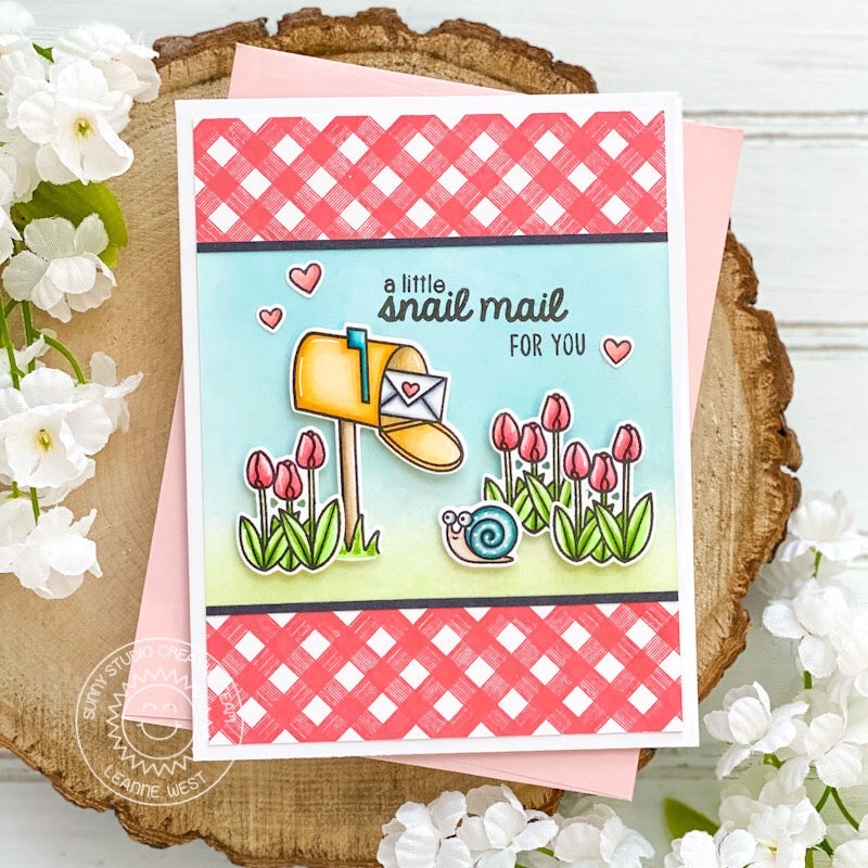 Sunny Studio Pink Gingham A Little Snail Mail For You Mailbox with Tulips Card by Leanne West (using Snail Mail Mini 2x3 Clear Stamps)