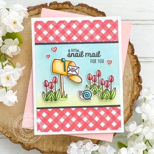 Sunny Studio A Little Snail Mail For You Pink Gingham Mailbox with Tulips Thinking of You Card using Background Basics Stamp