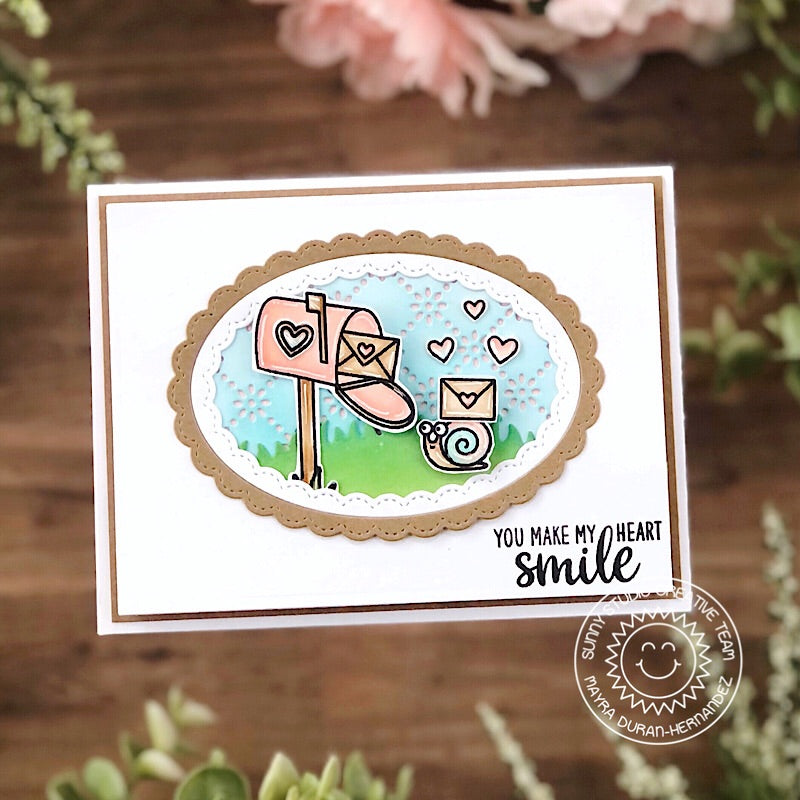 Sunny Studio Stamps You Make My Heart Smile Snail with Mailbox & Letter Card (using Fancy Frames Oval Stitched Scalloped Metal Cutting Dies)