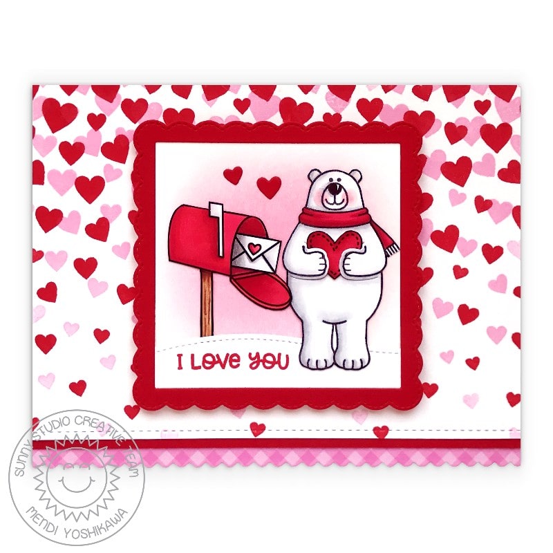 Sunny Studio I Love You Polar Bear with Letter & Mailbox Valentine's Day Heart Print Handmade Card (using Snail Mail Mini 2x3 Clear Stamps)