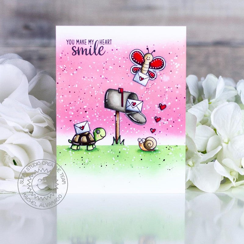 Sunny Studio You Make My Heart Smile Turtle, Butterfly & Snail with Love Letters Valentine's Day Card (using Snail Mail 2x3 Clear Stamps)