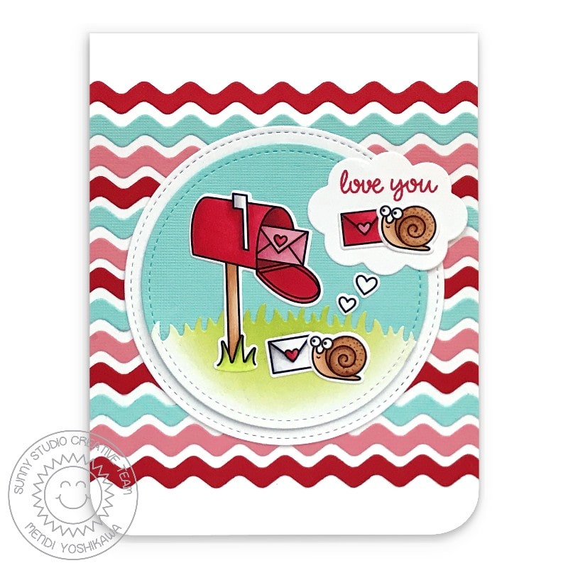 Sunny Studio Stamps Love You Snail with Mailbox Ric-Rac Valentine's Day Card using Stitched Circle Small Metal Cutting Dies