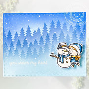 Sunny Studio Girl with Snowman Blue Winter Scene Holiday Christmas Card (using Snow One Like You 2x3 Stamps)