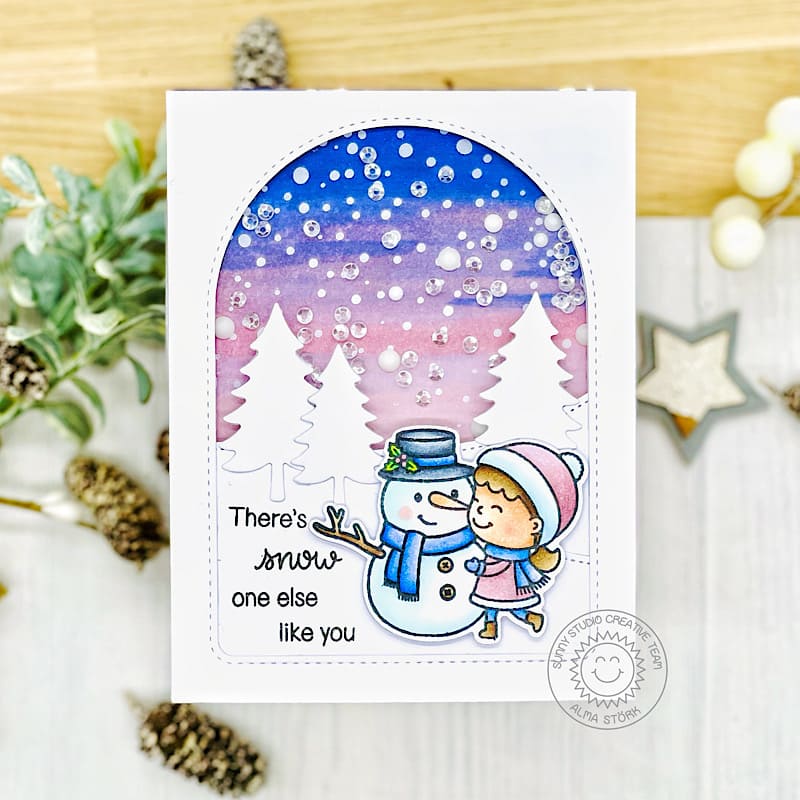 Sunny Studio Girl with Snowman Arched Window Holiday Christmas Shaker Card (using Snow One Like You Clear Stamps)