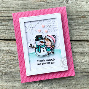 Sunny Studio Pink Cable Knit Girl with Snowman & Snowflake Winter Holiday Card using Snow One Like You 2x3 Clear Stamps