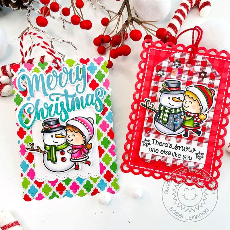 Sunny Studio Stamps Girl with Snowman Colorful Scalloped Holiday Christmas Gift Tags (using Mini Mat & Tag 3 Cutting Dies)