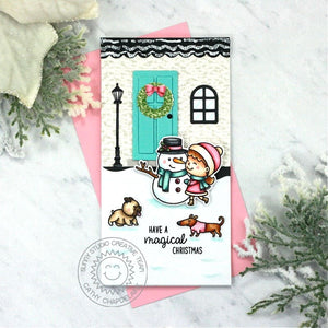 Sunny Studio Girl with Snowman Outside House Winter Holiday Christmas Card (using Snow One Like You 2x3 Clear Stamps)