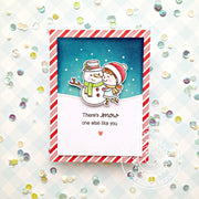 Sunny Studio Red & White Candy Cane Stripes Girl with Snowman Holiday Christmas Card using Snow One Like You 2x3 Clear Stamps