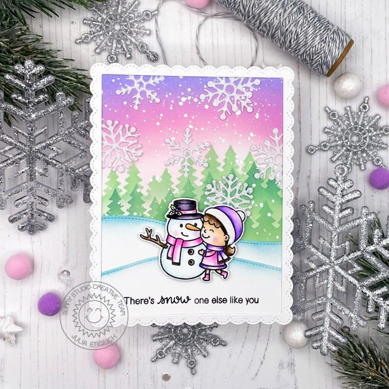 Sunny Studio Lavendar & Pink Girl with Snowman Holiday Card (using Snow One Like You 2x3 Clear Photopolymer Stamps)