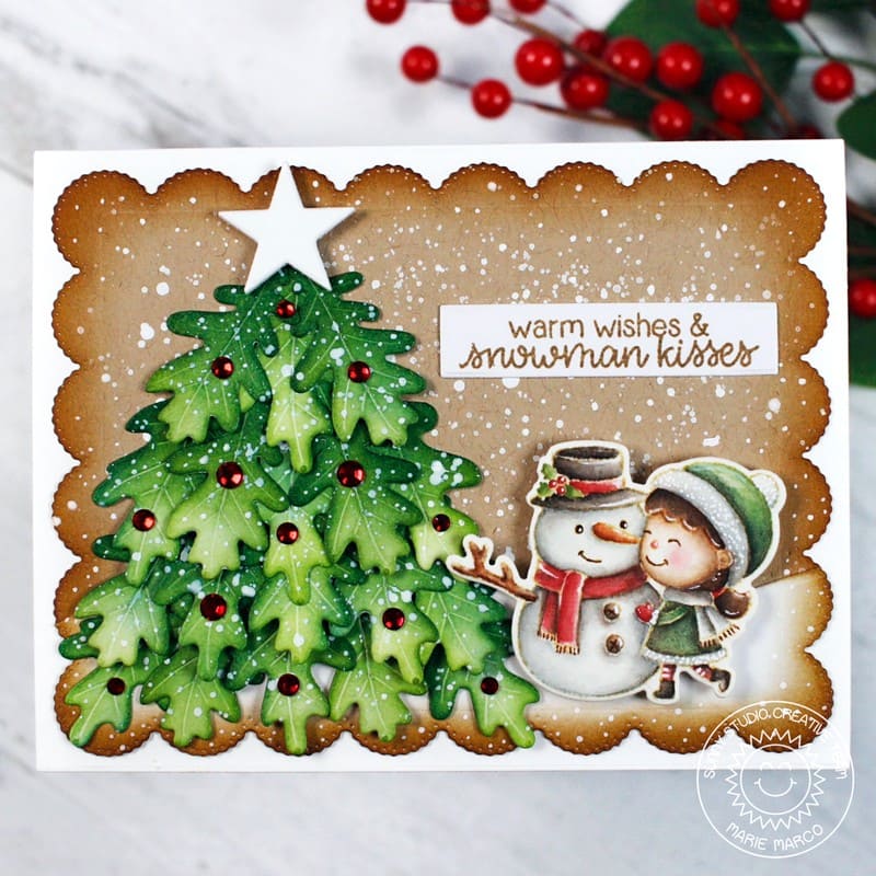 Sunny Studio Stamps No Line Coloring Girl with Snowman Gingerbread Tree Christmas Card (using Autumn Greenery Cutting Dies)