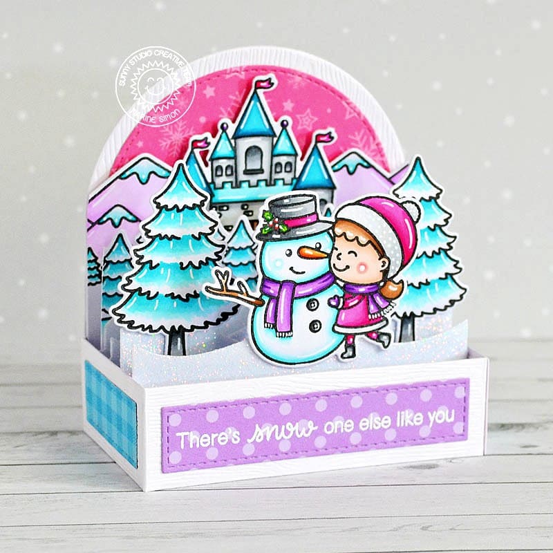 Sunny Studio Stamps Girl with Snowman & Castle Pop-up Box Holiday Christmas Card (using Snow One Like You 2x3 Clear Stamps)