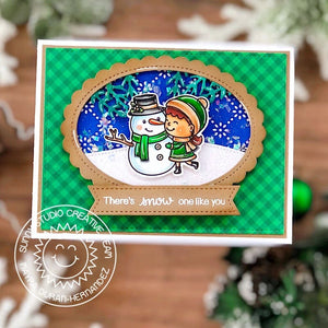 Sunny Studio Royal Blue & Emerald Green Gingham Girl with Snowman Holiday Card using Snow One Like You 2x3 Clear Stamps