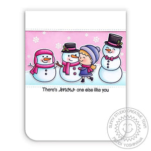 Sunny Studio Pink Winter Girl with Snowman Holiday Card (using Snow One Like You 2x3 Clear Photopolymer Stamps)