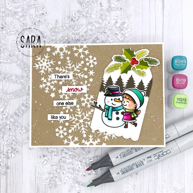 Sunny Studio Girl with Snowman Gift Tag Snowflake Holiday Christmas Card (using Snow One Like You Clear Stamps)