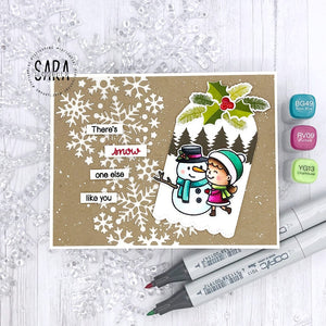 Sunny Studio Stamps Girl with Snowman Gift Tag Holiday Christmas Card (using Snowflake Circle Frame Metal Cutting Dies)