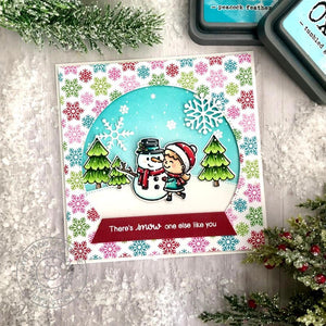 Sunny Studio Stamps Girl with Snowman Winter Snowglobe Holiday Christmas Card (using Lacy Snowflake Cutting Dies)
