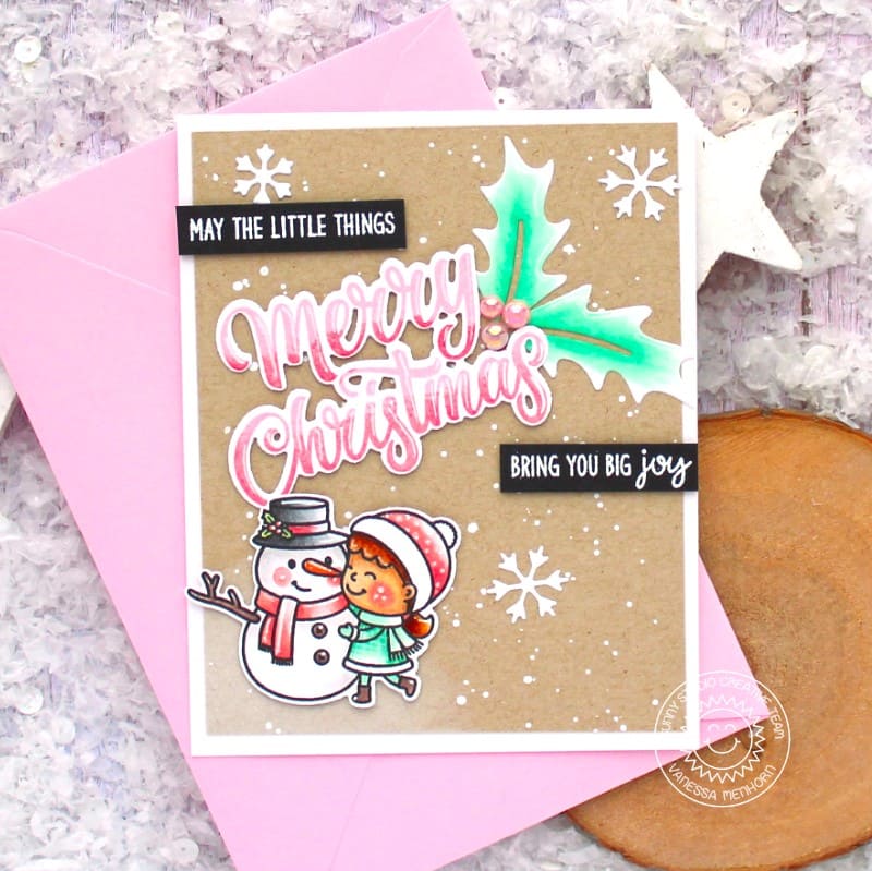 Sunny Studio Girl with Snowman & Snowflakes Kraft Holiday Christmas Card (using Holiday Greetings Clear Sentiment Stamps)