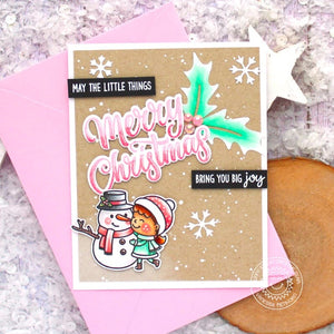 Sunny Studio Girl with Snowman & Snowflakes Kraft Pink Holiday Christmas Card (using Winter Greenery Metal Cutting Dies)