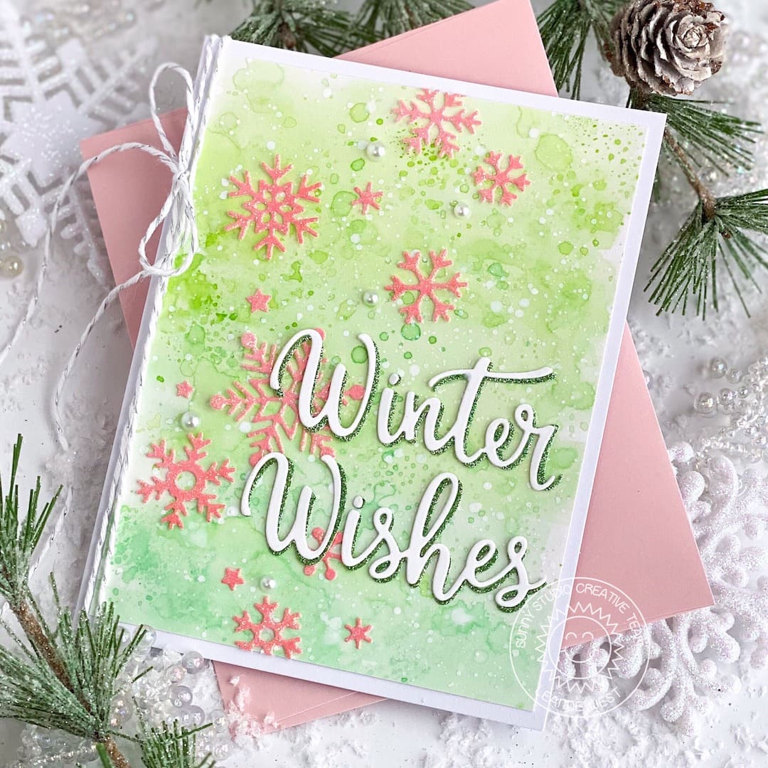 Sunny Studio Stamps Pink & Green Snowflake Winter Wishes Handmade Holiday Christmas Card by (using Snowflake Circle Frame Cutting Die)