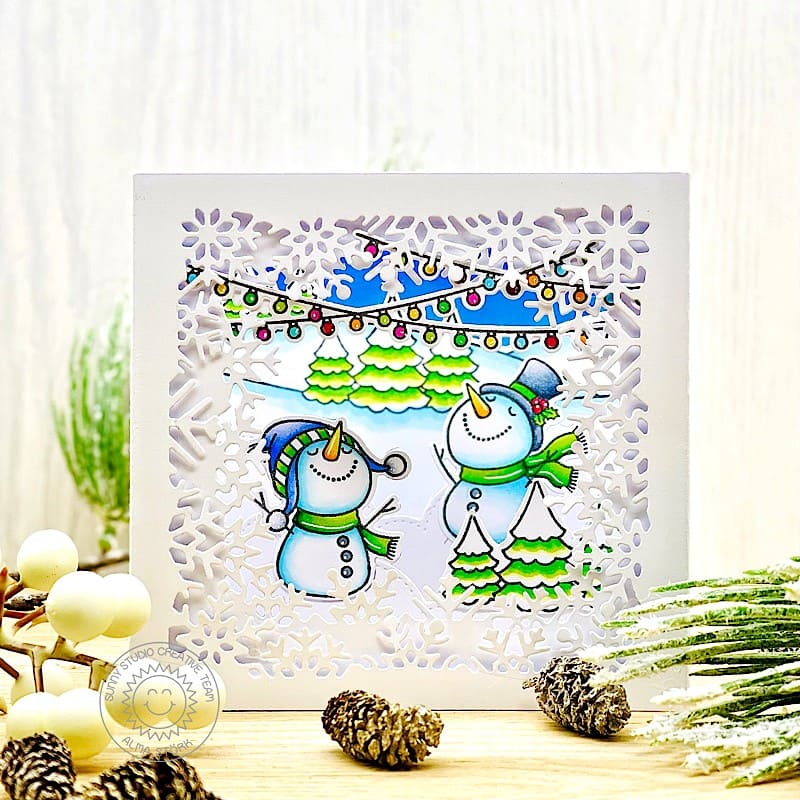 Sunny Studio Snowmen & Snowflakes Square Shadow Box Holiday Christmas Card (using Snowman Kisses 3x4 Clear Stamps)