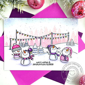 Sunny Studio Snowmen in Tree Lot with Hanging Lights Winter Holiday Christmas Card (using Scenic Route Clear Border Stamps)