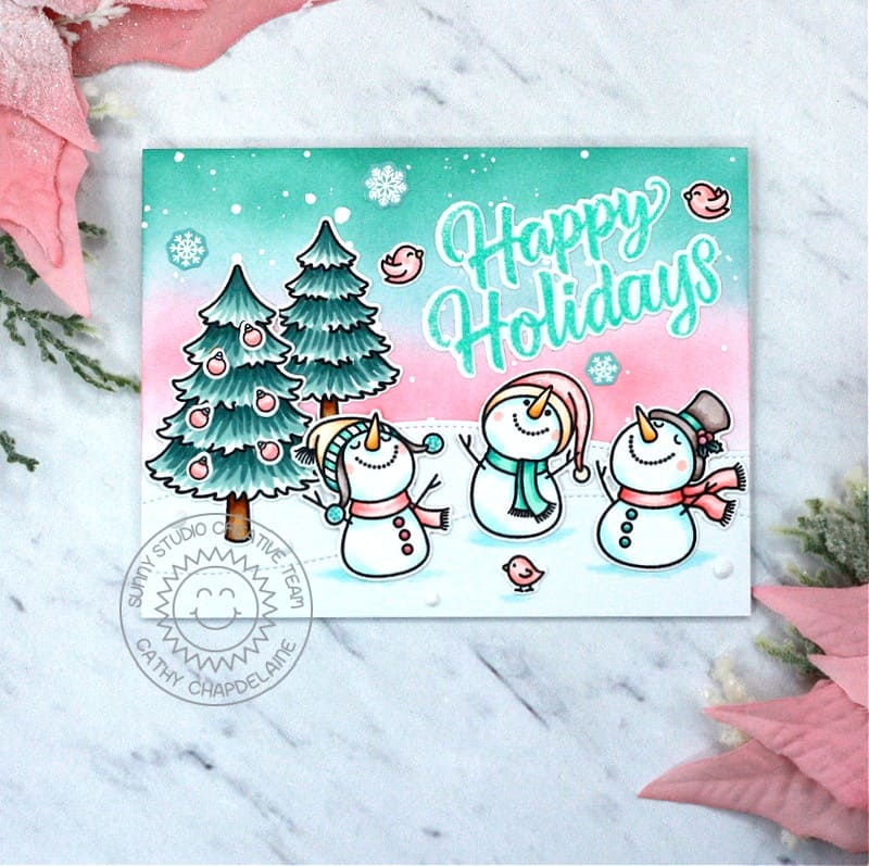 Sunny Studio Happy Holidays Pink & Mint Green Winter Snowmen Christmas Card (using Snowman Kisses 3x4 Clear Stamps)