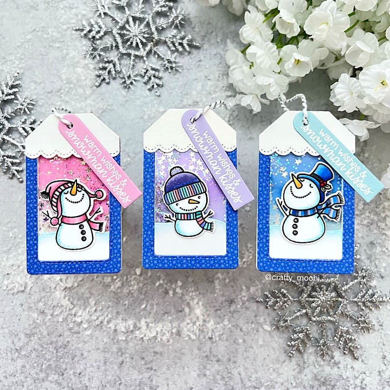 Sunny Studio Blue & Pink Snowmen Christmas Holiday Scalloped Shaker Gift Tags (using Snowman Kisses 3x4 Clear Stamps)