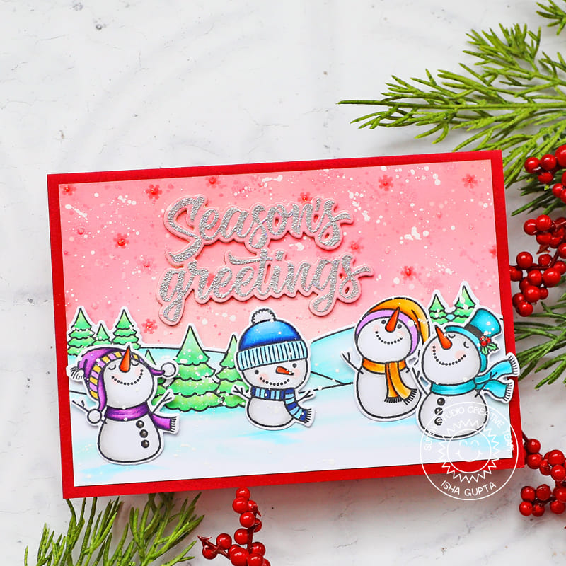 Sunny Studio Season's Greetings Snowmen with Pink Sky Christmas Holiday Card (using Snowman Kisses 3x4 Clear Stamps)