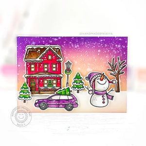 Sunny Studio Neighborhood House with Trees, Car & Snowman Winter Scene Holiday Card (using Christmas Home Clear Stamps)