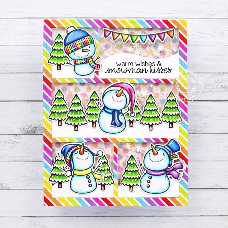 Sunny Studio Stamps Snowmen Rainbow Striped Comic Strip Style Holiday Christmas Card (using Rainbow Bright 6x6 Paper)