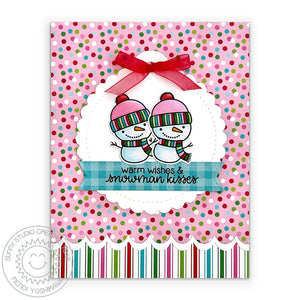 Sunny Studio Winter Snowman Pink Polka-dot & Striped Scalloped Christmas Card (using Joyful Holiday 6x6 Paper Pad)