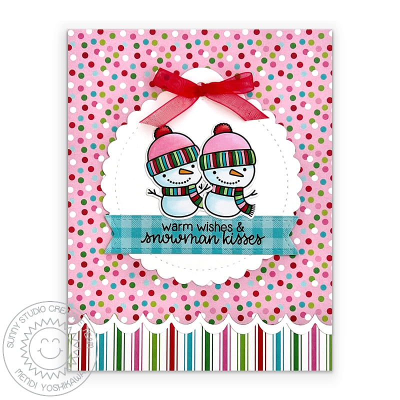 Sunny Studio Winter Snowmen Pink Polka-dot Scalloped Holiday Christmas Card (using Snowman Kisses 3x4 Clear Stamps)