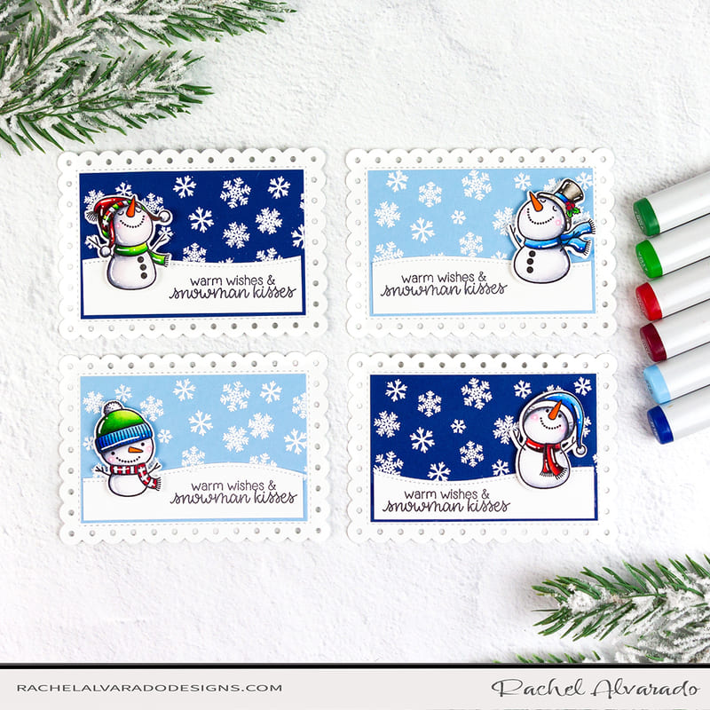 Sunny Studio Snowmen & Snowflakes Mini Scalloped Holiday Christmas Cards Set (using Snowman Kisses 3x4 Clear Stamps)