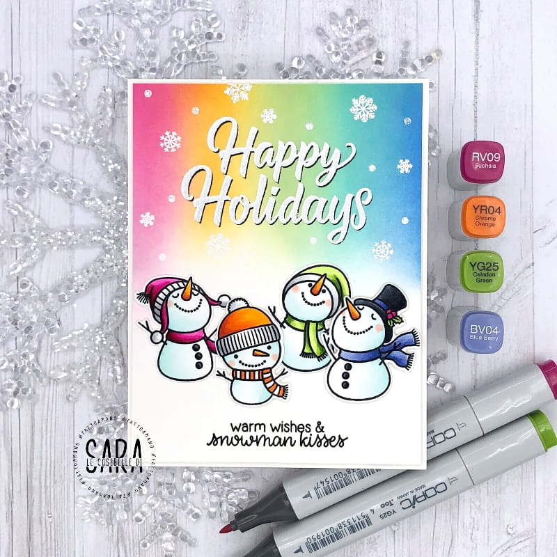 Sunny Studio Snowmen Happy Holidays Rainbow Christmas Card (using Holiday Greetings 4x6 Clear Sentiment Stamps)