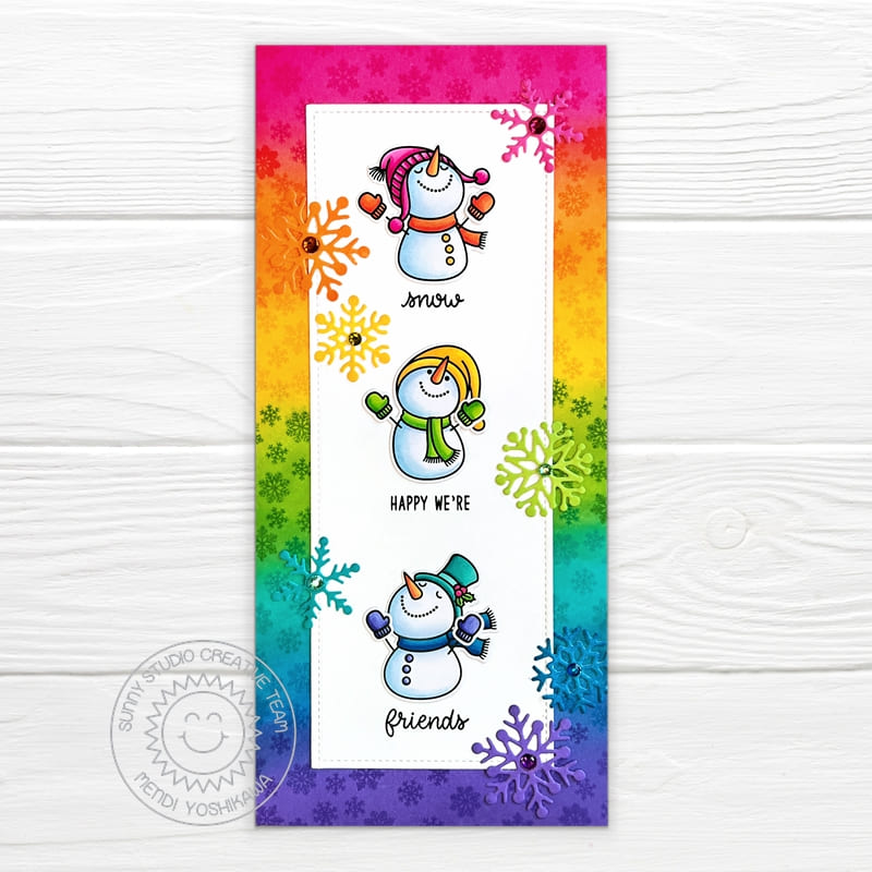 Sunny Studio Stamps Snow Happy We're Friends Snowman Rainbow Slimline Winter Holiday Card (using Lacy Snowflake Dies)