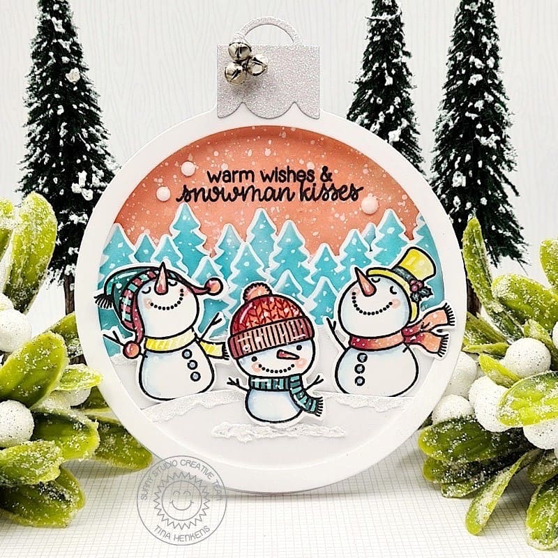 Sunny Studio Stamps Snowmen Holiday Ornament Shaped Christmas Card (using Forest Trees Layered Stencils)