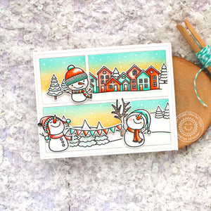 Sunny Studio Snowmen Comic Strip Peach, Yellow & Mint Green Holiday Christmas Card (using Snowman Kisses 3x4 Clear Stamps)