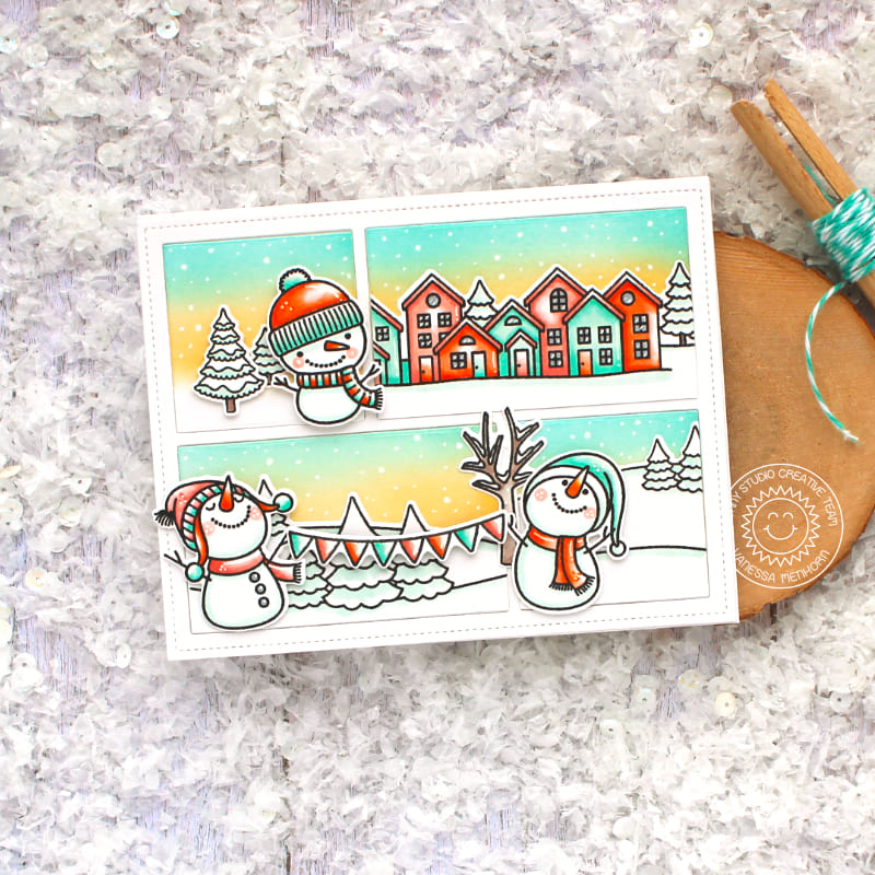 Sunny Studio Snowmen with Homes & Trees Comic Strip Peach, Yellow & Mint Holiday Christmas Card (using Scenic Route Stamps)