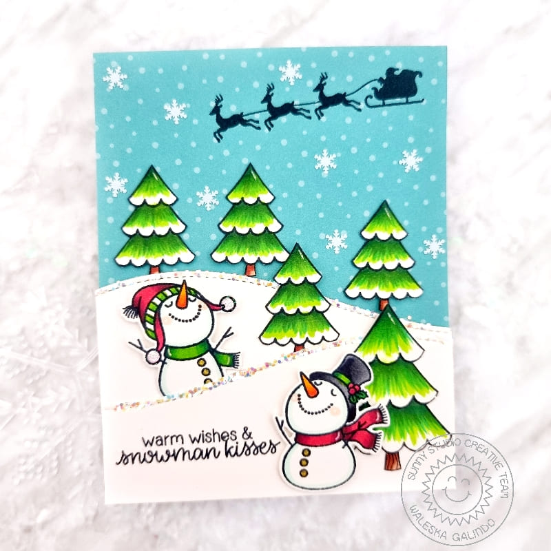 Sunny Studio Winter Snowmen with Santa & Sleigh Holiday Christmas Card (using Here Comes Santa 2x3 Clear Stamps)
