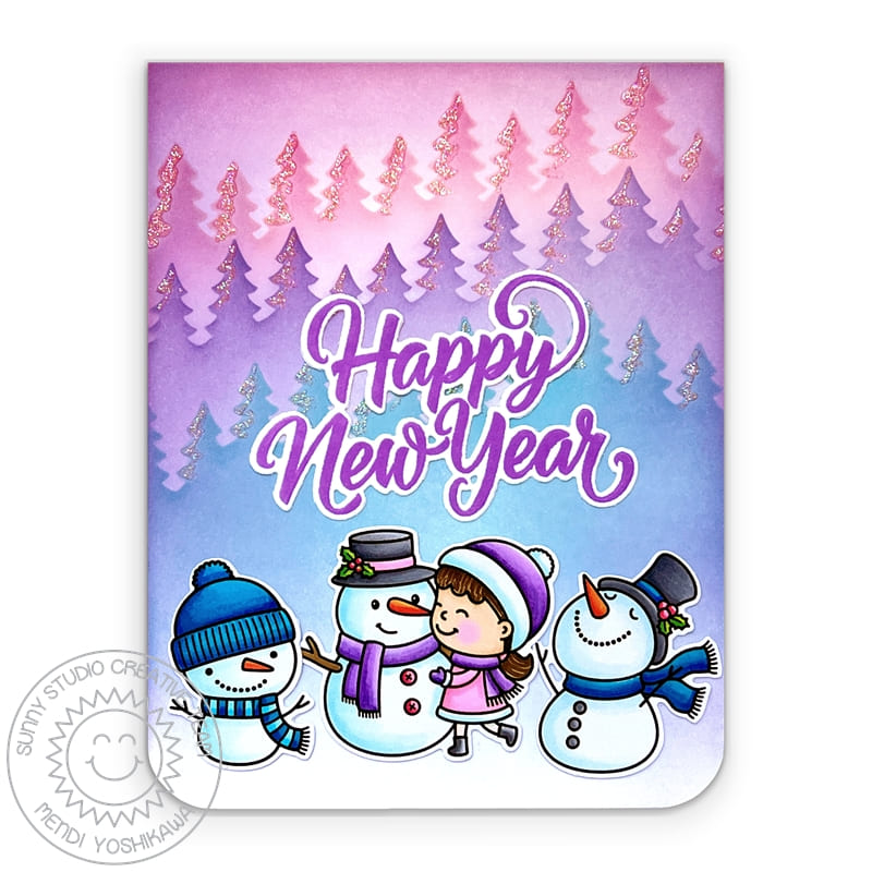 Sunny Studio Girl with Snowmen Happy New Year Winter Card (using Holiday Greetings 4x6 Clear Sentiment Stamps)