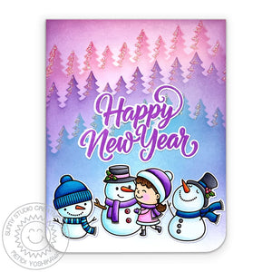 Sunny Studio Girl with Snowmen Happy New Year Winter Holiday Card (using Snow One Like You 2x3 Clear Stamps)