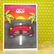 Sunny Studio You're My Hero Red Sports Car with Palm Trees Penny Slider Father's Day Card (using Island Getaway Clear Stamps)