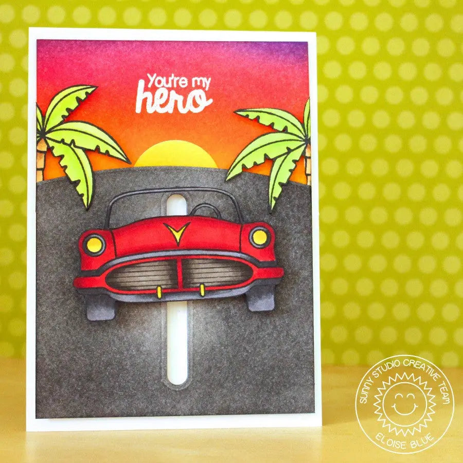 Sunny Studio You're My Hero Red Sports Car with Palm Trees Penny Slider Father's Day Card (using Island Getaway Clear Stamps)