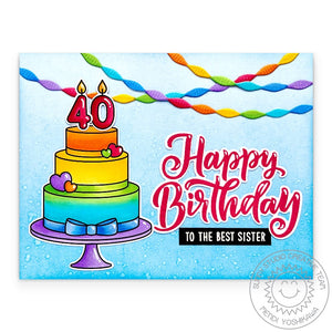 Sunny Studio Stamps 40th Birthday Numbered Candles & Rainbow Cake Card (using Crepe Paper Streamers Metal Cutting Dies)