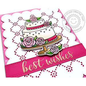 Sunny Studio Best Wishes Scalloped Eyelet Lace & Floral Peonies Wedding Cake Card (using Everyday Greetings Clear Stamps)