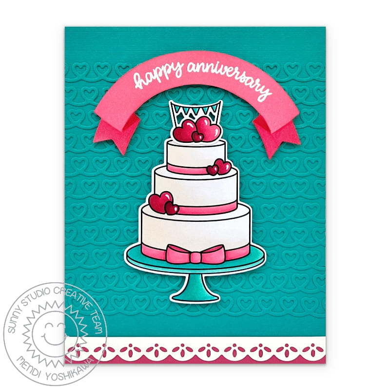 Sunny Studio Three 3 Tier Heart Cake Scalloped Happy Anniversary Card (using Special Day 4x6 Clear Stamps)