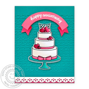 Sunny Studio Three 3 Tier Heart Cake Scalloped Happy Anniversary Card (using Happy Thoughts Clear Sentiment Stamps)