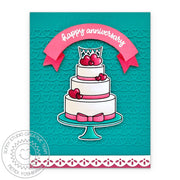 Sunny Studio Three 3 Tier Heart Cake Scalloped Happy Anniversary Card (using Banner Basics 4x6 Clear Stamps)